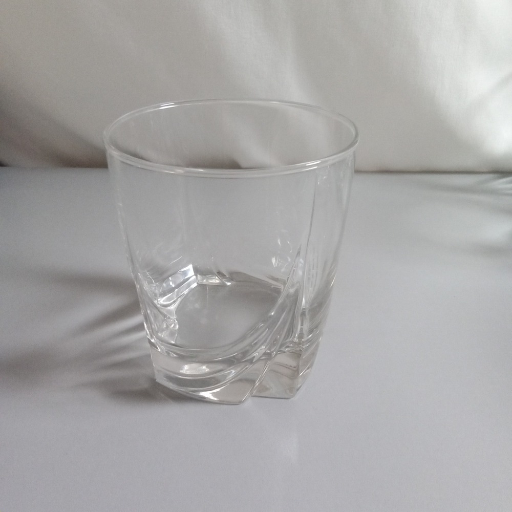 Modern Whiskey Rocks Glass Clear Heavy Square Base Round Rim Swirl Design 3.5in